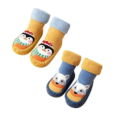 Imagen de Adorel Calcetines Antideslizantes Termicos para Bebé 2 Pares Pinguino Amarillo Gatito Verde 17 18 EU (Tamaño del Fabricante 12)