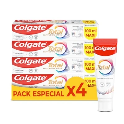 Imagen de Colgate Pasta de Dientes Total Original 4x100 ml, Dentífrico con Protección Antibacteriana 24h, Ideal para Caries y Sensibilidad Dental, 3 Veces Más Eficaz, Repara, Revitaliza Refresca