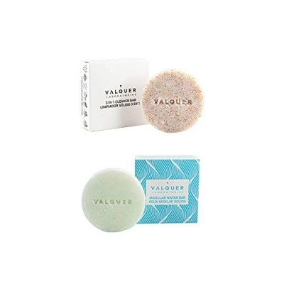 Imagen de Valquer Laboratorios Pack Sólidos Facial, Limpiador Facial Solido 3 en 1 + Agua Micelar Sólida Vegano, Sin Plástico, Zero Waste, Cruelty Free, 2 Unidades x 50