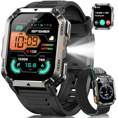 Imagen de IOWODO Reloj Inteligente Hombre, 2.01&quot; Militar Smartwatch con Llamadas Bluetooth, 20 Días Batería, Linterna LED, Brújula,123 Modos Deporte, 24h Pulsómetro/SpO2/Sueño, IP68, 2 Correas (iOS/Android)