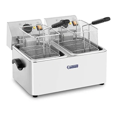 Imagen de Royal Catering Freidora Doble Industrial Eléctrica Profesional RCEF 08D EGO (2 x8 Litros, 2 x 2.500 W, 230 V, Termostato E.G.O, Mangos para transporte, Acero Inoxidable)