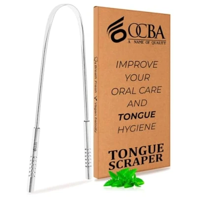 Imagen de OCBA Raspador de lengua para salud bucal, limpiador plateado natural, a prueba óxido, uso después cepillo dientes aliento fresco, acero inoxidable (1 paquete) unidad)