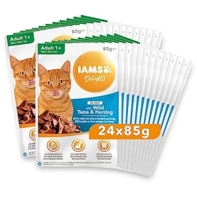 Imagen de Iams Delights Nassfutter (für erwachsene Katzen, mit Thunfisch &amp; Hering in Gelee), 24 Frischebeutel (24 x 85 g)