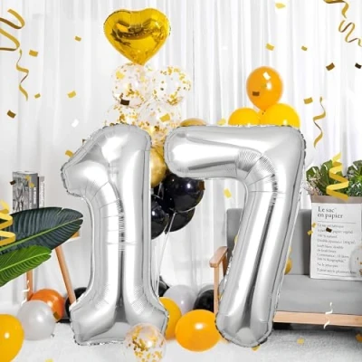 Imagen de Globos de 17 cumpleaños,Plata pulgadas Globo número, decoraciones número cumpleaños para hombre y mujer, inflable lámina Plata