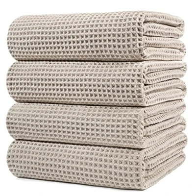 Imagen de Polyte Toalla de baño Microfibra antipelusa Secado rápido Punto gofrado Beige Grande: 152,4 x 76,2 cm Pack 4