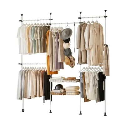 Imagen de SoBuy Perchero de Ropa Telescópico Altura Ajustable para Vestidor Dormitorio con 5 Barras y 2 cestas Blanco L209 312 cm x H108 285 KLS04 ES