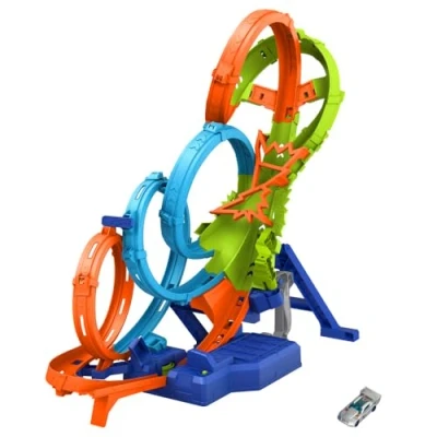 Imagen de Hot Wheels Pista Action Colisión de 4 Loopings. Se pliega por la Mitad e Incluye un asa para facilitar el Almacenamiento y Transporte.