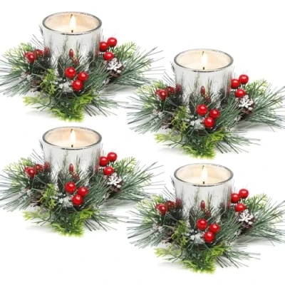 Imagen de KAHEIGN 8 Piezas Anillos de Velas Navideñas, 20CM Corona Frutos Rojos Artificiales Candelabro con Agujas Pino Nevado para Pilares Rústico Bodas Navideña Fiestas Puerta Mesa Decoración