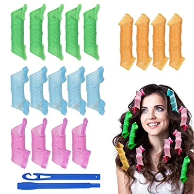 Imagen de URAQT Sin Rizadores de Calor, 18 Piezas Rizos en Espiral Pelo, Rulos para Cabello Largo con Ganchos Peinar, Herramientas Peinado Bricolaje Mujeres y Niña, 15/25cm