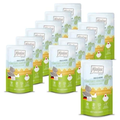 Imagen de MjAMjAM Comida húmeda Premium para Gatos Quetschie Chicks &amp; Friends Sabroso Pollo con apio al Vapor, Pack de 12 (12 x 125g), sin Cereales