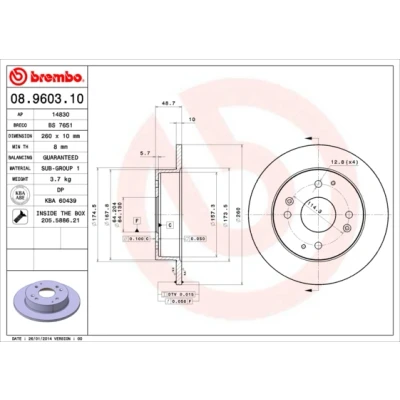 Imagen de BREMBO 08.9603.10 Disco de freno 260 10 4 macizo con tornillos
