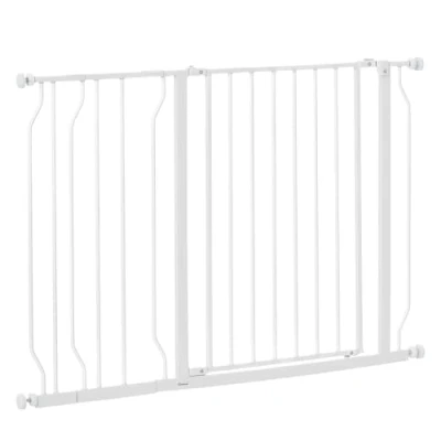 Imagen de PawHut Barrera de Seguridad Perros Extensible para Escaleras y Puertas 75 115 cm con 2 Extensiones 10/20 Montaje a Presión Acero Altura 76 Blanco