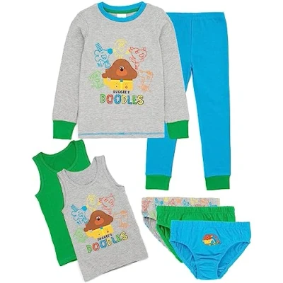 Imagen de Hey Duggee 7 Piezas Pijamas Set Kids Camiseta Gris Leggings Azules Pjs 2 Chalecos 3 Pantalones de Ropa Interior Roly Tag Norrie Happy Characters Doodles Graphics