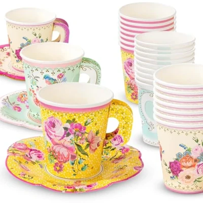 Imagen de Talking Tables TS6 CUPSET Vintage 12 Paquetes de Papel diseños Mixtos con Mango y platillos