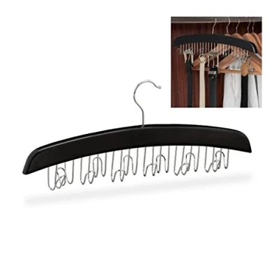 Imagen de Relaxdays Percha Cinturones 12 Ganchos, Colgador Giratorio para Accesorios, Madera, 17,5 x 43 5,5 cm, Negro y Plateado, Hierro