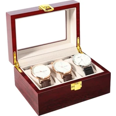 Imagen de Uten Caja de Relojes 3 Ranuras, madera para Reloj Ventana Transparente con Almohada Extraíble, Cierre Metal, Marrón Rojo Watch Box