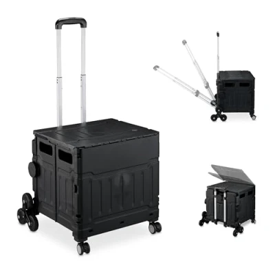 Imagen de Relaxdays Carro Compra Plegable, Cesta con Ruedas Subeescaleras, Tapa, Asa Telescópica, hasta 50 kg, Negro, 95 x 52,5 47 cm