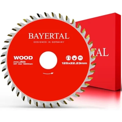 Imagen de Bayertal® Hoja de sierra circular 125 mm para cortes precisos madera, ideal madera dura y blanda, MDF OSB, orificio 22,23 mm, superficies corte HM.