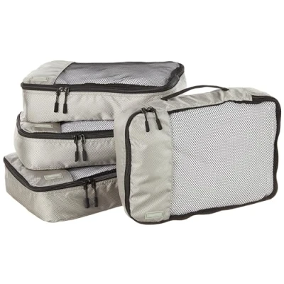 Imagen de Amazon Basics Organizador Para Maletas, Organizadores de Viaje, con Cremallera, Juego 4 Bolsas, Mediano, Gris