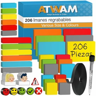 Imagen de ATWAM 206 Tiras Magnéticas Reescribibles Set Mega de Accesorios 5 Tamaños Diferentes 6 Colores Imán Reescribible Scrum &amp; Kanban para Pizarras Magnéticas, Neveras