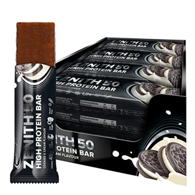 Imagen de Ironmaxx Zenith 50, Barrita Proteica con contenido Óptimo En Proteínas, Baja Carbohidratos, Sabor A Cookies And Cream, 16 x 45 G (Pack de 1)