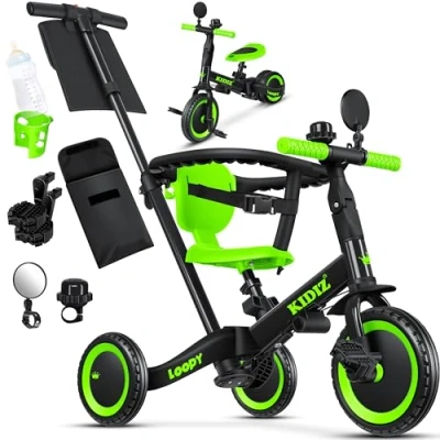 Imagen de KIDIZ® 6en1 Bicicleta de Balance, Triciclo para niños 1 año a 5 Años, Capacidad Carga hasta 25kg, Incl. Manillar/Barra Seguridad/Cinturón Seguridad/Timbre/Espejo, Negro