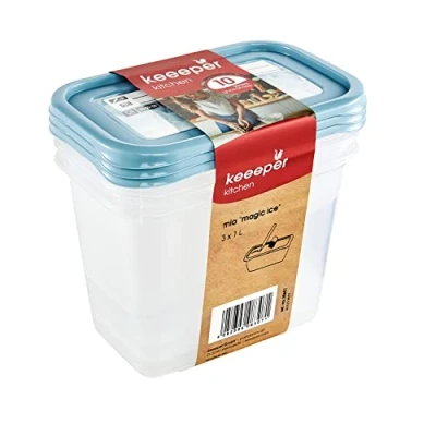 Imagen de keeeper Set de 3 recipientes congelación, Tapas con etiquetas reutilizables, x 1 L, 15,5 10,5 11,5 cm, Mia Magic Ice, Azul Nordic