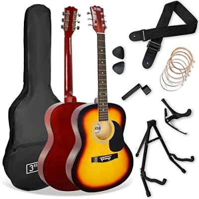 Imagen de 3rd Avenue Pack de guitarra acústica tamaño estándar 4/4 para principiantes Avenue, funda transporte, púas, cuerdas repuesto, soporte, correa y cejilla, Sunburst