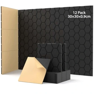 Imagen de 12 placas acústicas autoadhesivas, absorbentes de sonido, 30 x 0,9 cm, aislamiento acústico pared, paneles acústicos para decoración juegos, oficinas, estudios,