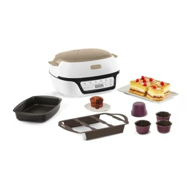 Imagen de Tefal Máquina inteligente para tartas (5 programas automáticos, ajuste ideal de temperatura y tiempo, molde aluminio antiadherente, 6 moldes magdalenas Creabake, Cake Factory KD804910)