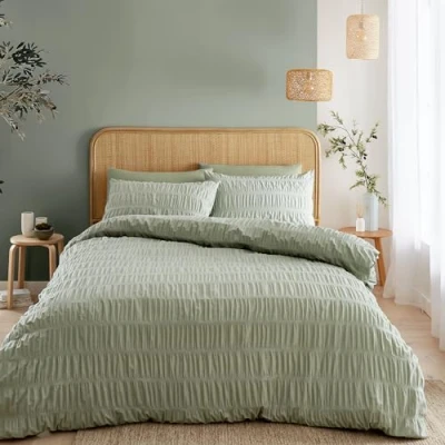 Imagen de Catherine Lansfield Seersucker Juego de Funda edredón y Fundas Almohada para Cama Doble, Color Verde