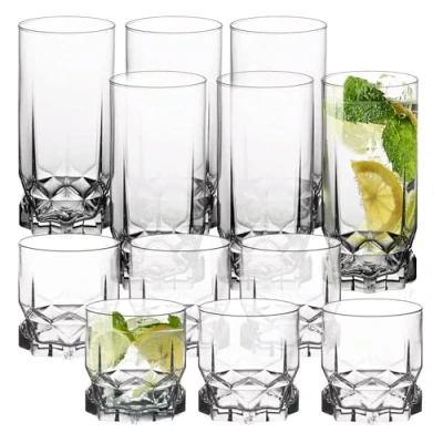 Imagen de KADAX vasos de cristal, juego 6 agua, jugo paredes gruesas, estriados para bebidas, cócteles (12 unidades, x 325 ml alto + bajo)
