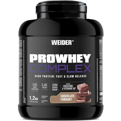 Imagen de Weider ProWhey Complex (1,2kg) Sabor Chocolate Fondant. Proteínas de Concentrados y Aislados Lactosuero + Caseína micelar, Con 3,4g BCAA/porción, Creatina, L Glutamina, MCT, Vitamina B6, Bromelaína