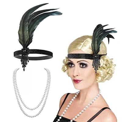 Imagen de VIKSAUN 1920s Diadema Negra Vintage Bandas De Pelo, Pluma con Cuentas Cinta, Años 20 Flapper Pelo Banda Pluma, Gatsby Accesorio,Para Fiestas TemáTicas Retro