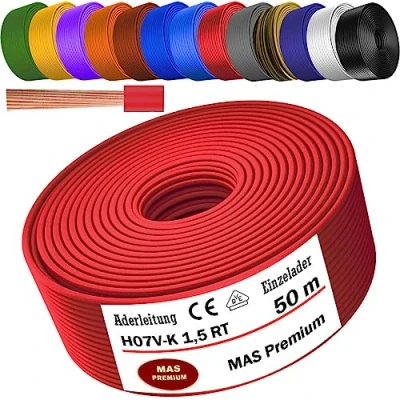 Imagen de cable eléctrico H07 V K 1 x 1,5 mm², rojo, individual, flexible, de 5 a 100 m (50 m)