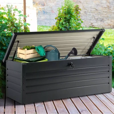 Imagen de IDMarket Baúl de almacenamiento metal con cerradura para jardín, 600 L, 165 x 70 63 cm, color gris antracita