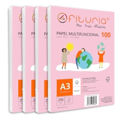 Imagen de Paquete de folios A3 100gr con 1000 Hojas Blancas, Papel Multifuncional para Uso Escolar y Entornos Laborales. Ideal impresoras láser, inyección o fotocopiadoras Ofituria