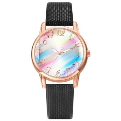 Imagen de JewelryWe Reloj Analógico Redondo Mujer: Relojes de Cuarzo Estilo Universitario para Estudiantes Esfera Arco Iris Correa Cuero Negro Escala Números Grandes Ocio Negocios Regalos