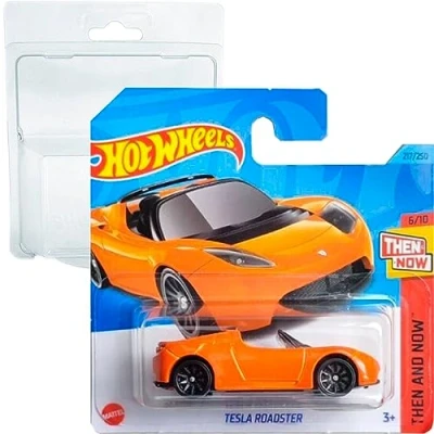 Imagen de Hot Wheels Tesla Roadster Then and Now 6/10 (217/250) HKJ44 Short Card Mattel 2023 + Blister &amp; Protector Pack Friki Monkey