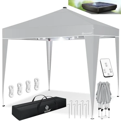 Imagen de KESSER® Cenador plegable de 3 x m con iluminación LED, mando a distancia solar, altura ajustable e impermeable, incluye bolsa anclaje al suelo, sistema clic emergente protección UV 50+, color