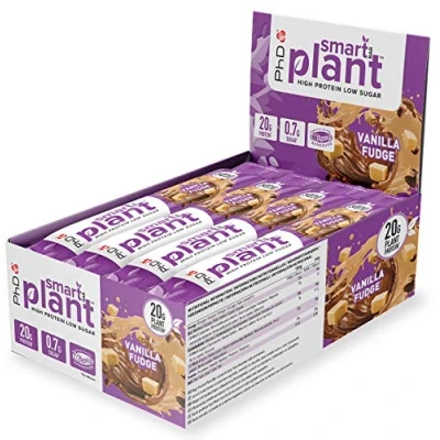 Imagen de PhD Nutrition Smart Plant barritas de proteína vegana 12x64g Vainilla y caramelo Snack proteico con 21g bajo en azúcar para una buena macronutrición