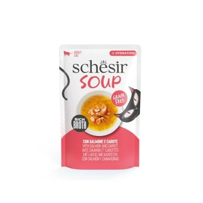Imagen de Schesir, Sopa con Filetes de Salmón y Zanahorias, Cibo Húmedo Complementario para Gatos, en Bolsas, Receta Original, 100% Natural, 12 x 40g