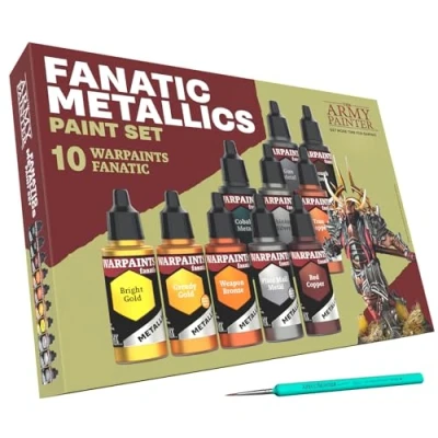 Imagen de The Army Painter Warpaints Fanatic: Metallics Miniature Paint Set Combo, 10 Pinturas Acrílicas Metálicas de 18ml incl. Oro, Cobre, Metal, Bronce, Plata y 1 Pincel para Imprimación