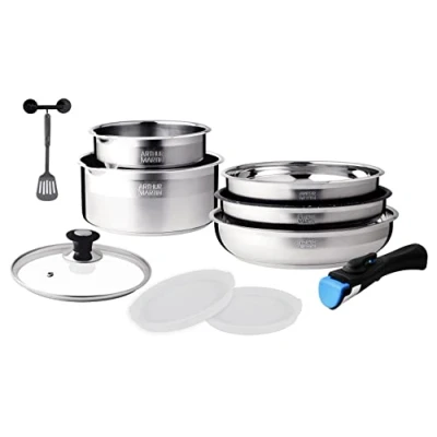 Imagen de Arthur Martin AM0025 Batería de cocina extraíble (10 piezas, acero inoxidable, cazo con caño vertedor), mango para todo tipo fuego, incluida
