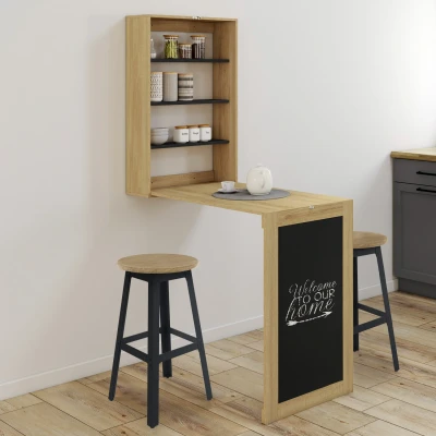 Imagen de MACCHIA mesa mural plegable con estantes y pizarra para 2 personas, madera negro