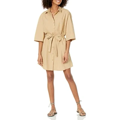 Imagen de The Drop Vestido camisero mini Dakota para mujer, con cinturón, marrón piedra, L