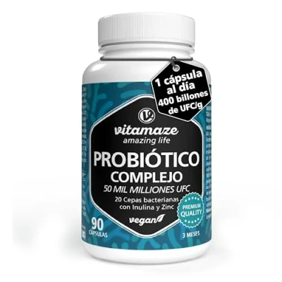 Imagen de Probióticos y Prebióticos Intestinales 50 Mil Millones de UFC por cápsula 20 Cepas Bacterianas con Inulina Zinc Salud Digestiva e Inmune 90 cápsulas gastrorresistentes para 3 meses. Vitamaze