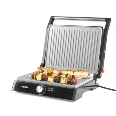 Imagen de Petra PT4076VDEEU10 Plancha sana doble XL 180 con prensa para paninis placas antiadherentes Marblestone fáciles de limpiar, desplegable, 2 superficies, vegetales, carne y brochetas, sin aceite