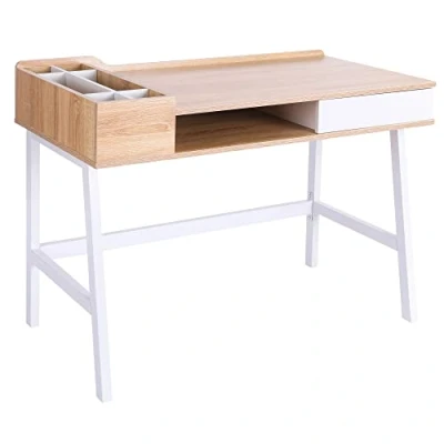 Imagen de HOMCOM Mesa de Ordenador 80x53 cm Escritorio con 6 Compartimentos Estante Abierto y Cajón Almacenaje para Oficina Despacho Estudio 100x55x81,5 Roble Blanco