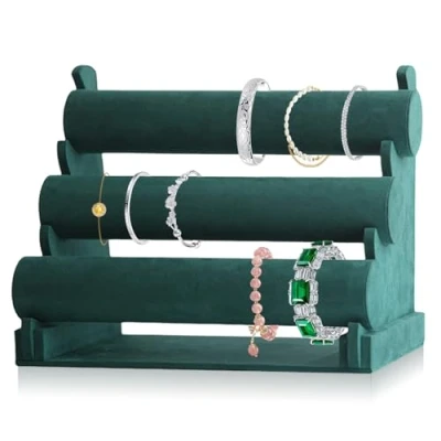 Imagen de Expositor de joyas para pulseras, soporte pulsera terciopelo con 3 niveles extraíbles, brazaletes, pulsera, relojes, collares (verde)